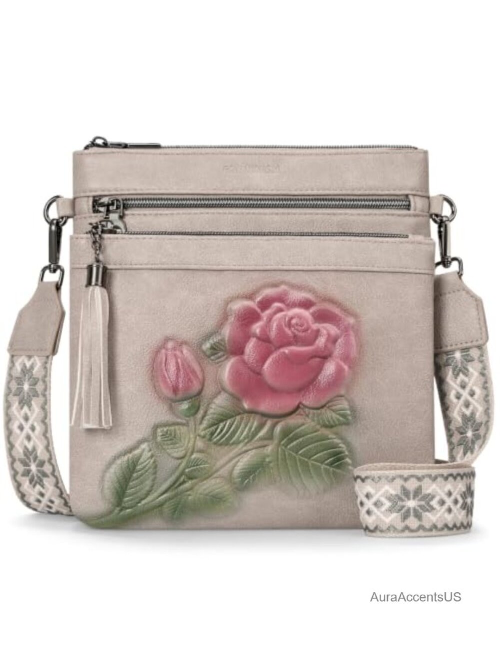 Vegan Leather Crossbody Bag Embossed Floral Women's Purse